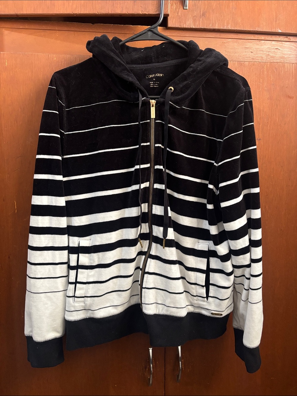 Calvin Klein Black and White Striped Velour Zip Hoodie